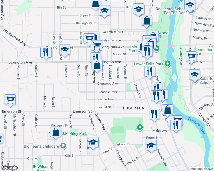map of restaurants, bars, coffee shops, grocery stores, and more near 93 Glendale Park in Rochester