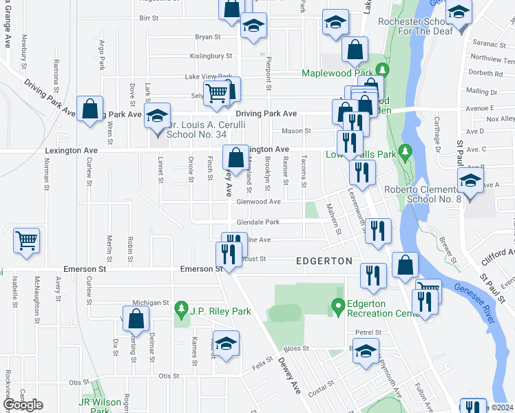 map of restaurants, bars, coffee shops, grocery stores, and more near 93 Glendale Park in Rochester