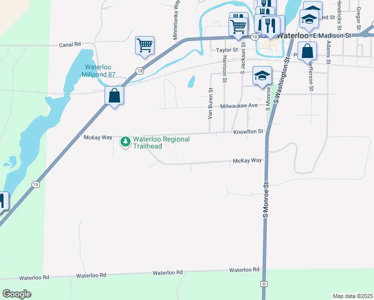 map of restaurants, bars, coffee shops, grocery stores, and more near 615 McKay Way in Waterloo