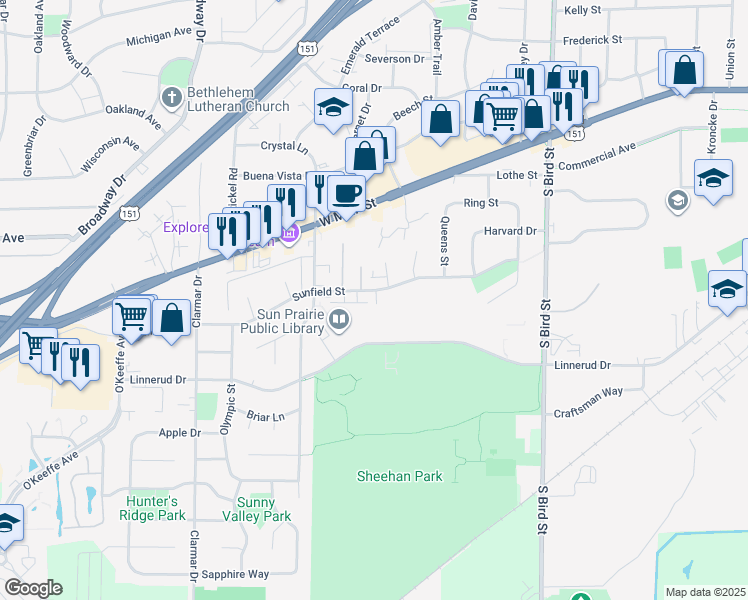 map of restaurants, bars, coffee shops, grocery stores, and more near 1340 Linnerud Drive in Sun Prairie
