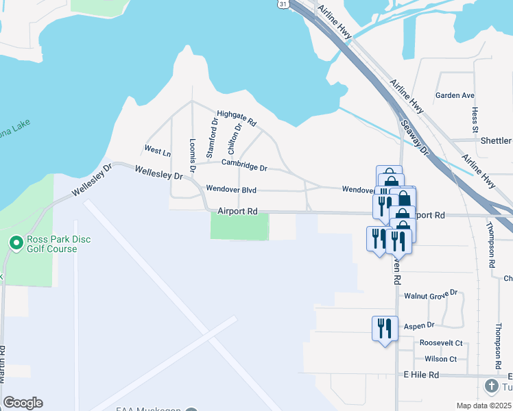 map of restaurants, bars, coffee shops, grocery stores, and more near 701 Airport Road in Norton Shores