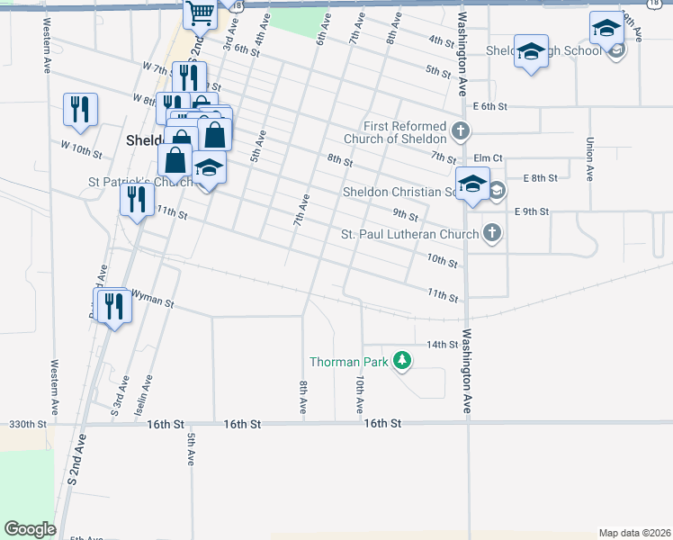map of restaurants, bars, coffee shops, grocery stores, and more near 1130 South 9th Avenue in Sheldon