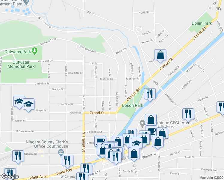 map of restaurants, bars, coffee shops, grocery stores, and more near 197 Lock Street in Lockport