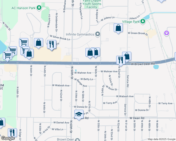 map of restaurants, bars, coffee shops, grocery stores, and more near 5675 West Wahner Avenue in Brown Deer