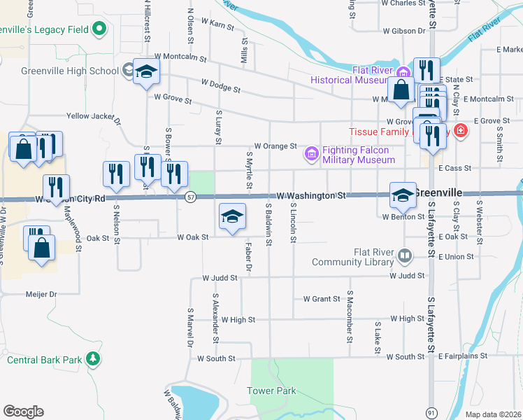 map of restaurants, bars, coffee shops, grocery stores, and more near 701 West Washington Street in Greenville