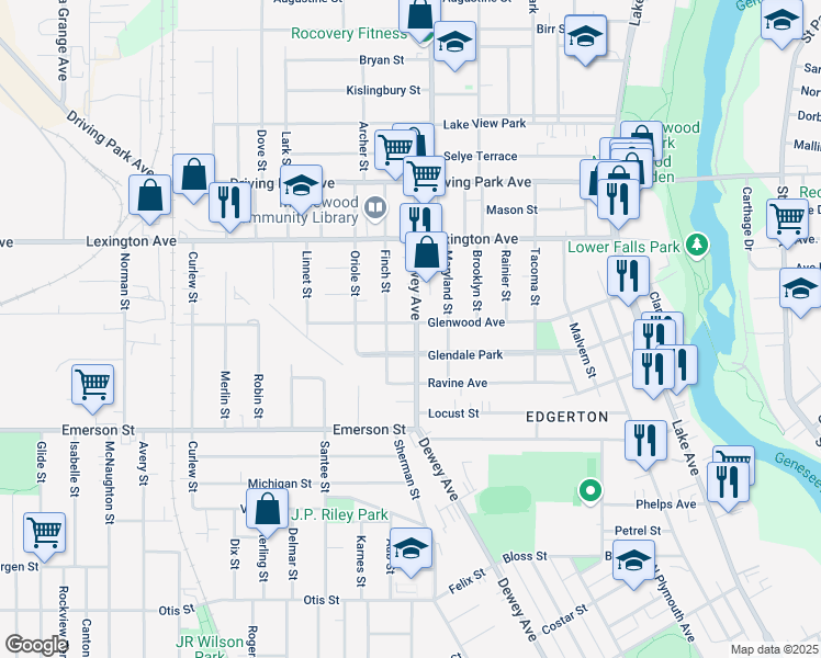 map of restaurants, bars, coffee shops, grocery stores, and more near 365 Glenwood Avenue in Rochester