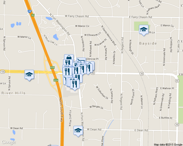 map of restaurants, bars, coffee shops, grocery stores, and more near 326 W Brown Deer Rd in Milwaukee