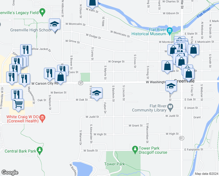 map of restaurants, bars, coffee shops, grocery stores, and more near 701 West Washington Street in Greenville