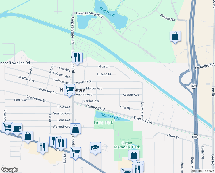 map of restaurants, bars, coffee shops, grocery stores, and more near 48 Valencia Drive in Rochester