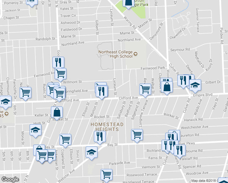 map of restaurants, bars, coffee shops, grocery stores, and more near 265 Springfield Avenue in Rochester