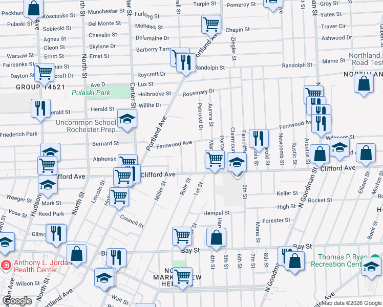map of restaurants, bars, coffee shops, grocery stores, and more near 149 Fernwood Avenue in Rochester