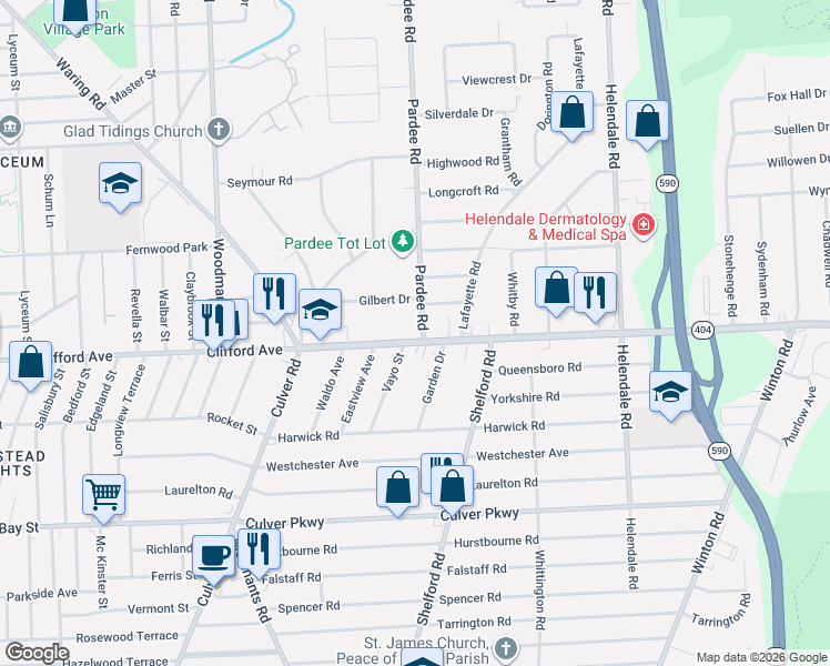 map of restaurants, bars, coffee shops, grocery stores, and more near 135 Gilbert Drive in Rochester