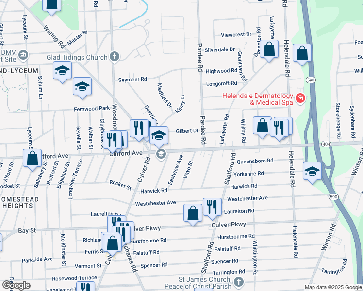 map of restaurants, bars, coffee shops, grocery stores, and more near 87 Gilbert Drive in Irondequoit