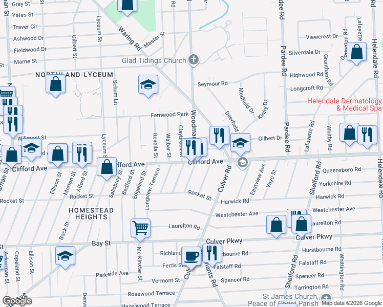 map of restaurants, bars, coffee shops, grocery stores, and more near 53 Woodman Park in Rochester