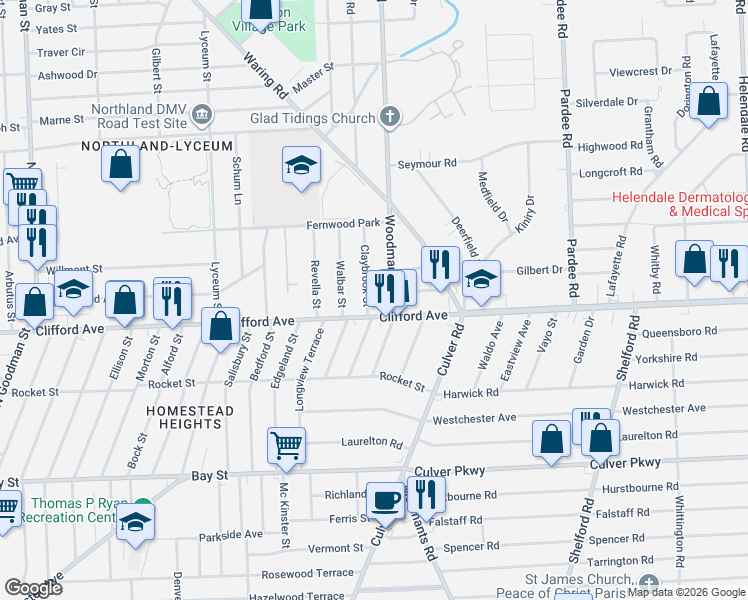 map of restaurants, bars, coffee shops, grocery stores, and more near 53 Woodman Park in Rochester