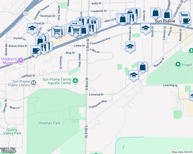 map of restaurants, bars, coffee shops, grocery stores, and more near 716 Frances Court in Sun Prairie
