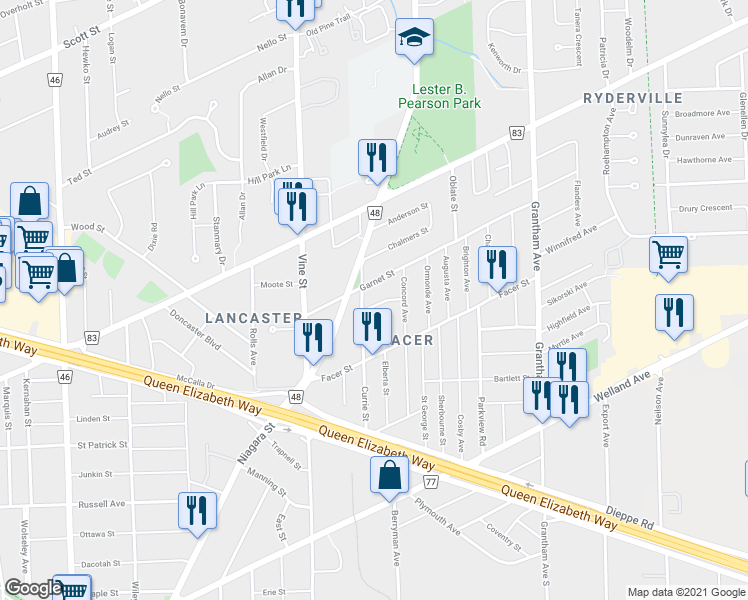 map of restaurants, bars, coffee shops, grocery stores, and more near 1 Lailey Street in Saint Catharines