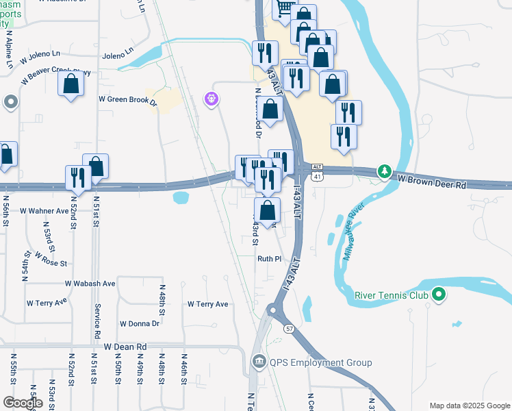 map of restaurants, bars, coffee shops, grocery stores, and more near 8777 North Deerwood Drive in Brown Deer