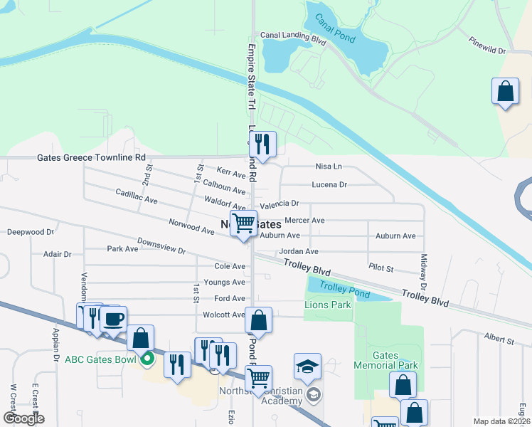 map of restaurants, bars, coffee shops, grocery stores, and more near 1796 Long Pond Road in Rochester
