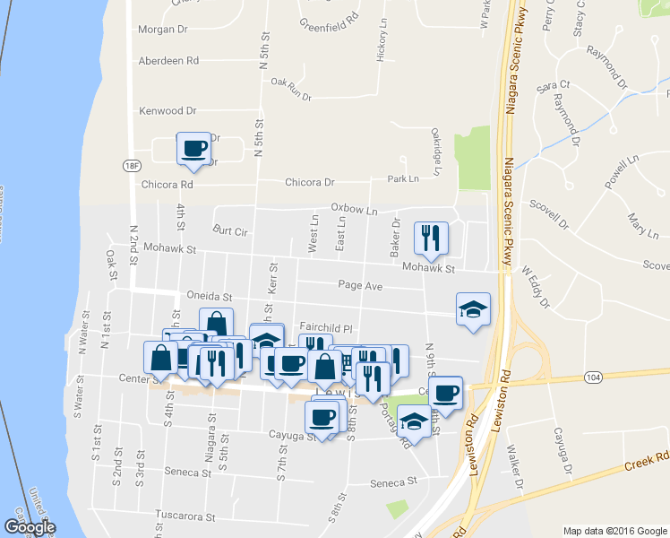 map of restaurants, bars, coffee shops, grocery stores, and more near 755 Mohawk Street in Lewiston