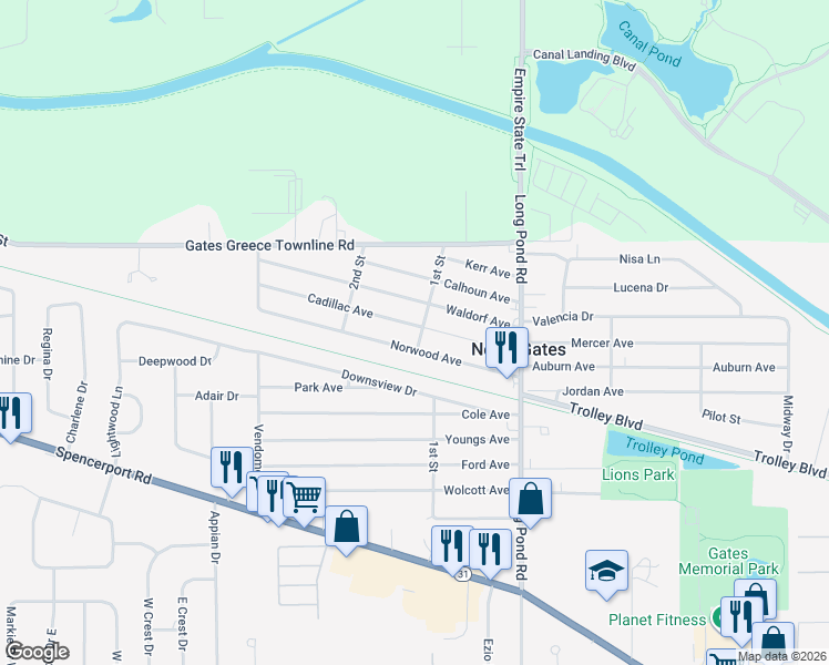 map of restaurants, bars, coffee shops, grocery stores, and more near 178 Cadillac Avenue in Rochester