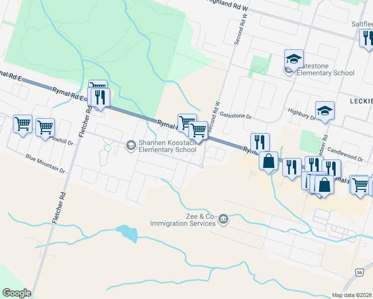 map of restaurants, bars, coffee shops, grocery stores, and more near 56 Bloom Crescent in Hamilton
