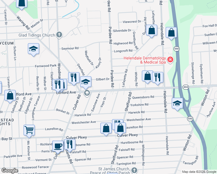 map of restaurants, bars, coffee shops, grocery stores, and more near 135 Gilbert Drive in Rochester