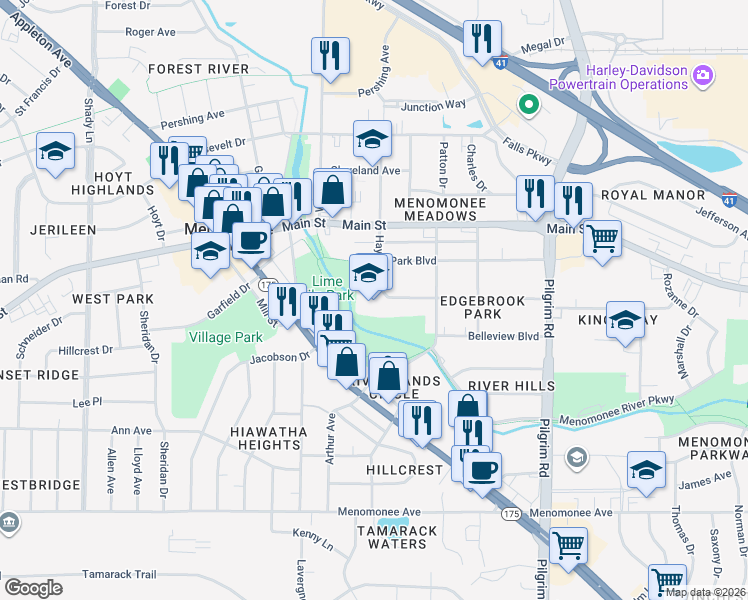 map of restaurants, bars, coffee shops, grocery stores, and more near N87 W16171 Kenwood Boulevard in Menomonee Falls