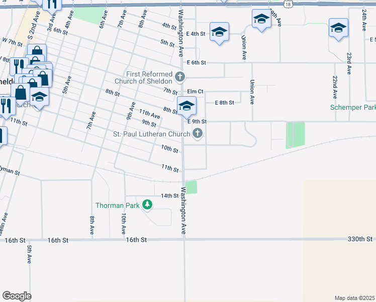 map of restaurants, bars, coffee shops, grocery stores, and more near 1425 Pleasant Court in Sheldon