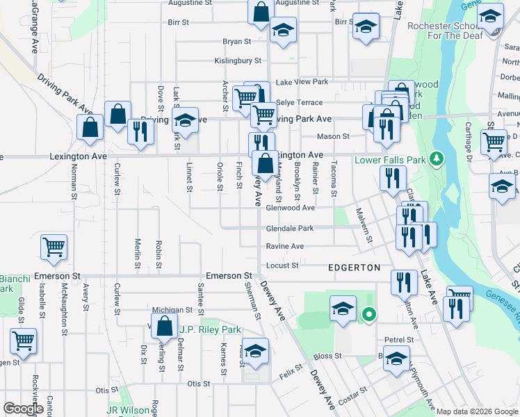 map of restaurants, bars, coffee shops, grocery stores, and more near 677 Dewey Avenue in Rochester
