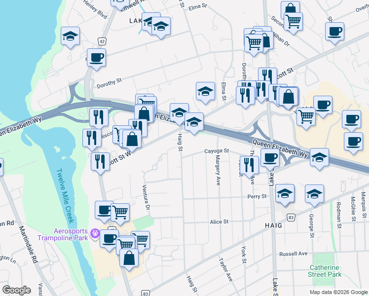map of restaurants, bars, coffee shops, grocery stores, and more near 140 Haig Street in St. Catharines