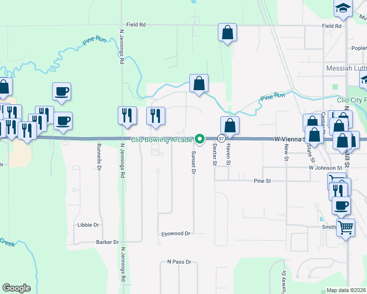 map of restaurants, bars, coffee shops, grocery stores, and more near 11520 Colonial Woods Drive in Clio