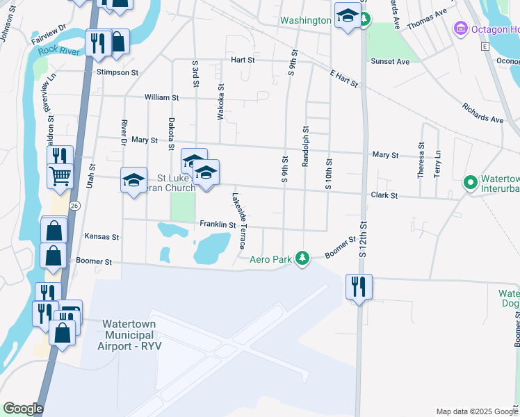 map of restaurants, bars, coffee shops, grocery stores, and more near 1505 Lakeside Terrace in Watertown