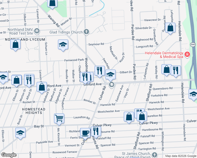 map of restaurants, bars, coffee shops, grocery stores, and more near 19 Meredith Street in Rochester