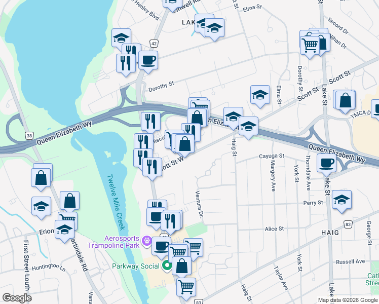 map of restaurants, bars, coffee shops, grocery stores, and more near 47 Scott Street West in St. Catharines