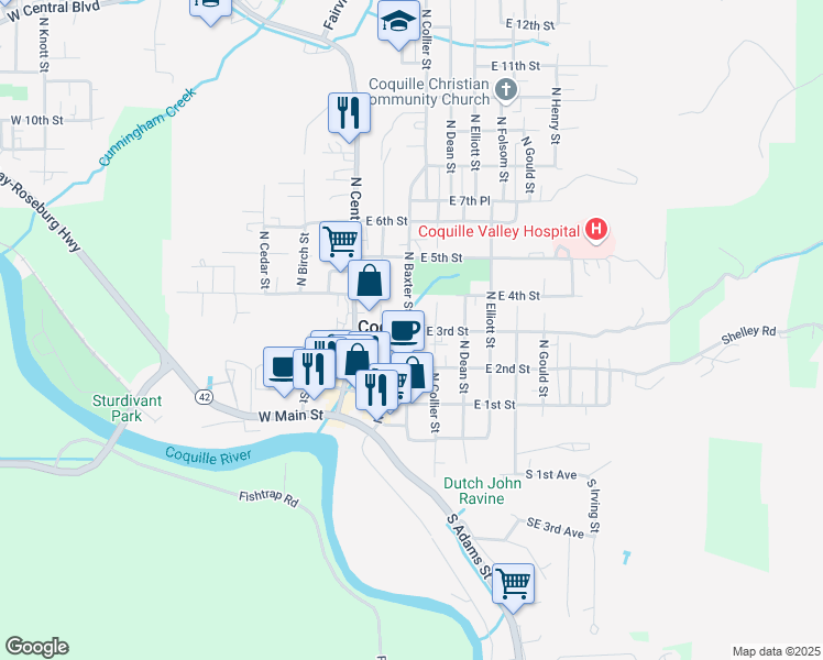 map of restaurants, bars, coffee shops, grocery stores, and more near 210 East 3rd Street in Coquille