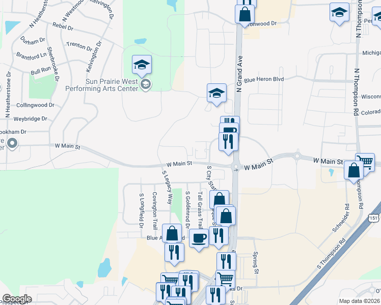 map of restaurants, bars, coffee shops, grocery stores, and more near 2726 Western Trail in Sun Prairie