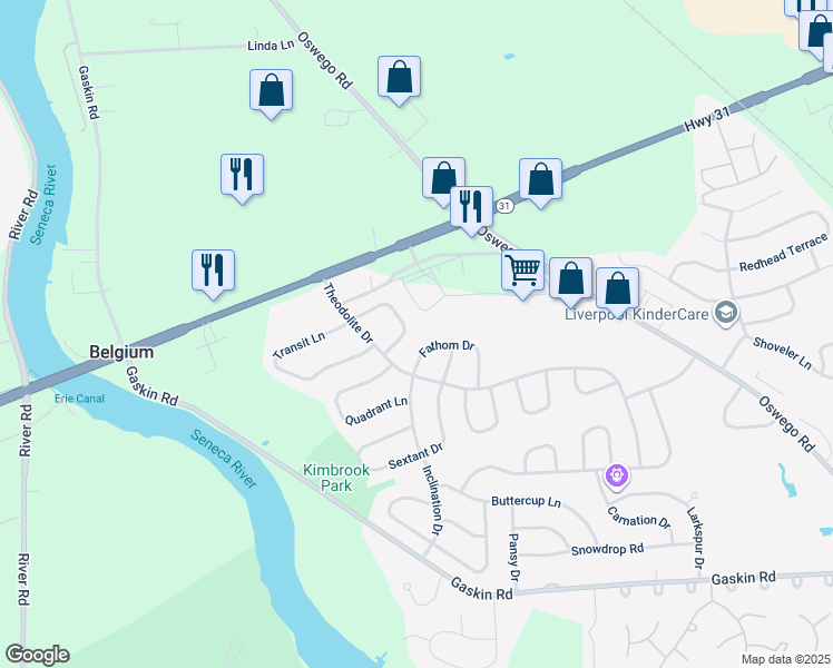 map of restaurants, bars, coffee shops, grocery stores, and more near 8450 Bubbling Springs Drive in Baldwinsville