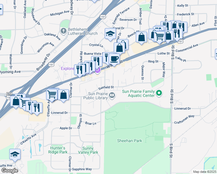 map of restaurants, bars, coffee shops, grocery stores, and more near 1393 Sunfield Street in Sun Prairie