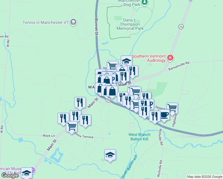 map of restaurants, bars, coffee shops, grocery stores, and more near 4931 Main Street in Manchester