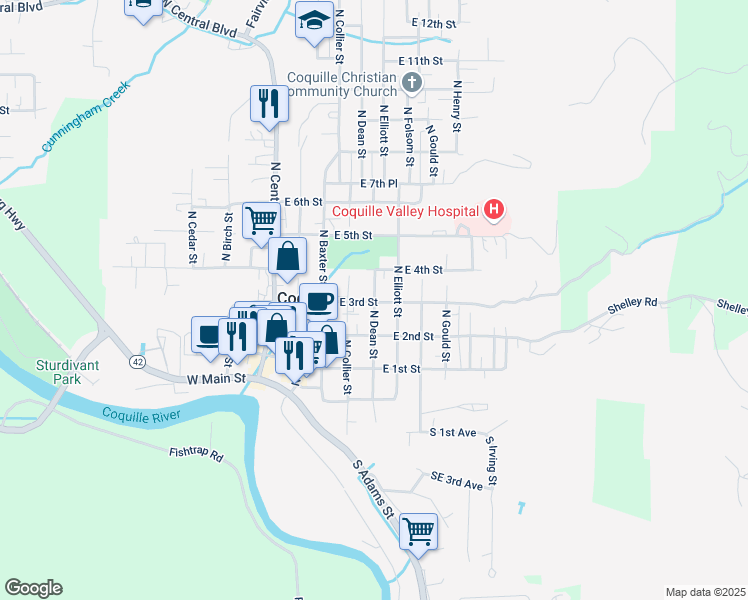 map of restaurants, bars, coffee shops, grocery stores, and more near 363 North Dean Street in Coquille