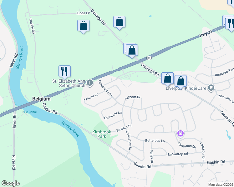 map of restaurants, bars, coffee shops, grocery stores, and more near 8459 Bubbling Springs Drive in Baldwinsville