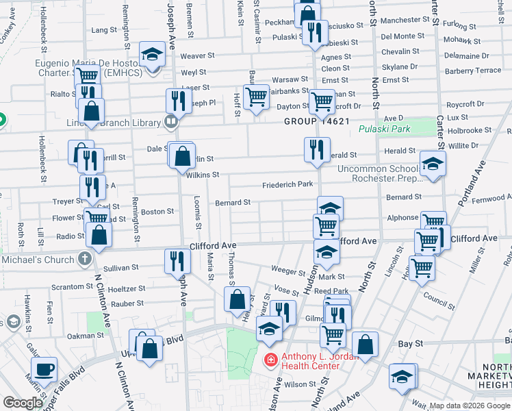 map of restaurants, bars, coffee shops, grocery stores, and more near 126 Bernard Street in Rochester
