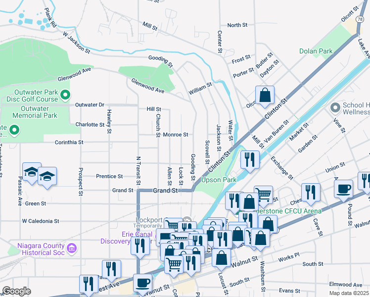 map of restaurants, bars, coffee shops, grocery stores, and more near 225 Lock Street in Lockport