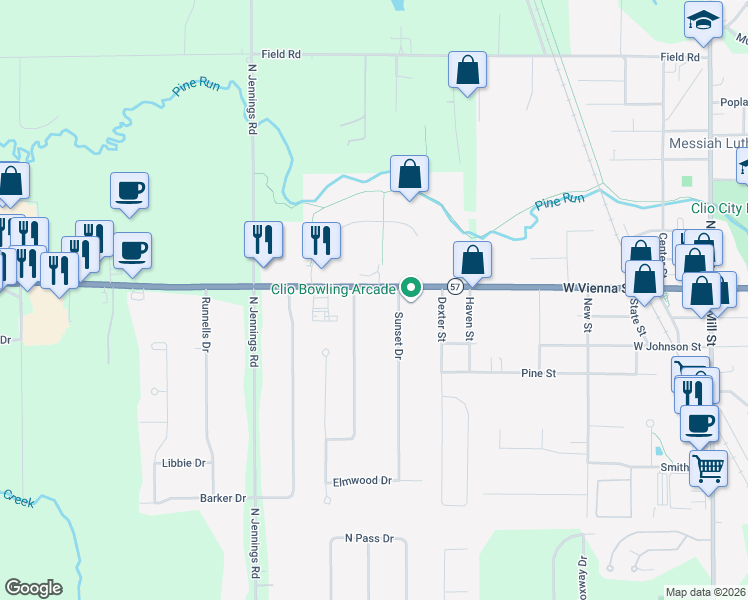 map of restaurants, bars, coffee shops, grocery stores, and more near 11520 Colonial Woods Drive in Clio
