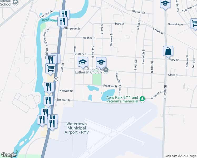 map of restaurants, bars, coffee shops, grocery stores, and more near 223 Clark Street in Watertown