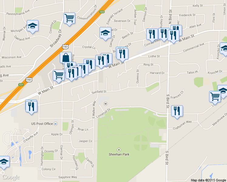 map of restaurants, bars, coffee shops, grocery stores, and more near 1352 Sunfield Street in Sun Prairie