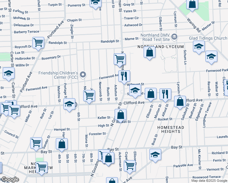 map of restaurants, bars, coffee shops, grocery stores, and more near 57 Arbutus Street in Rochester