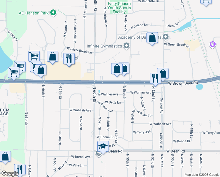 map of restaurants, bars, coffee shops, grocery stores, and more near 5901 West Brown Deer Road in Brown Deer