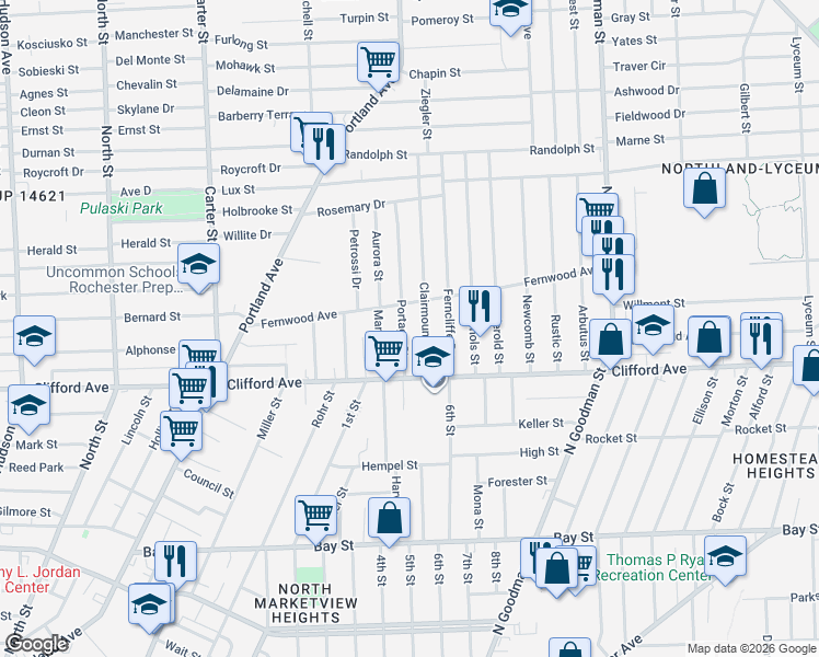 map of restaurants, bars, coffee shops, grocery stores, and more near 86 Clairmount Street in Rochester